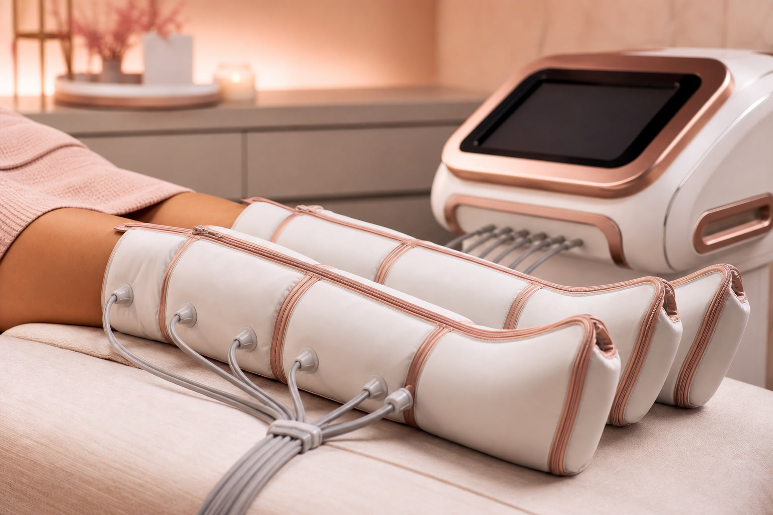 Tratamiento corporal con presoterapia en sala premium rose gold